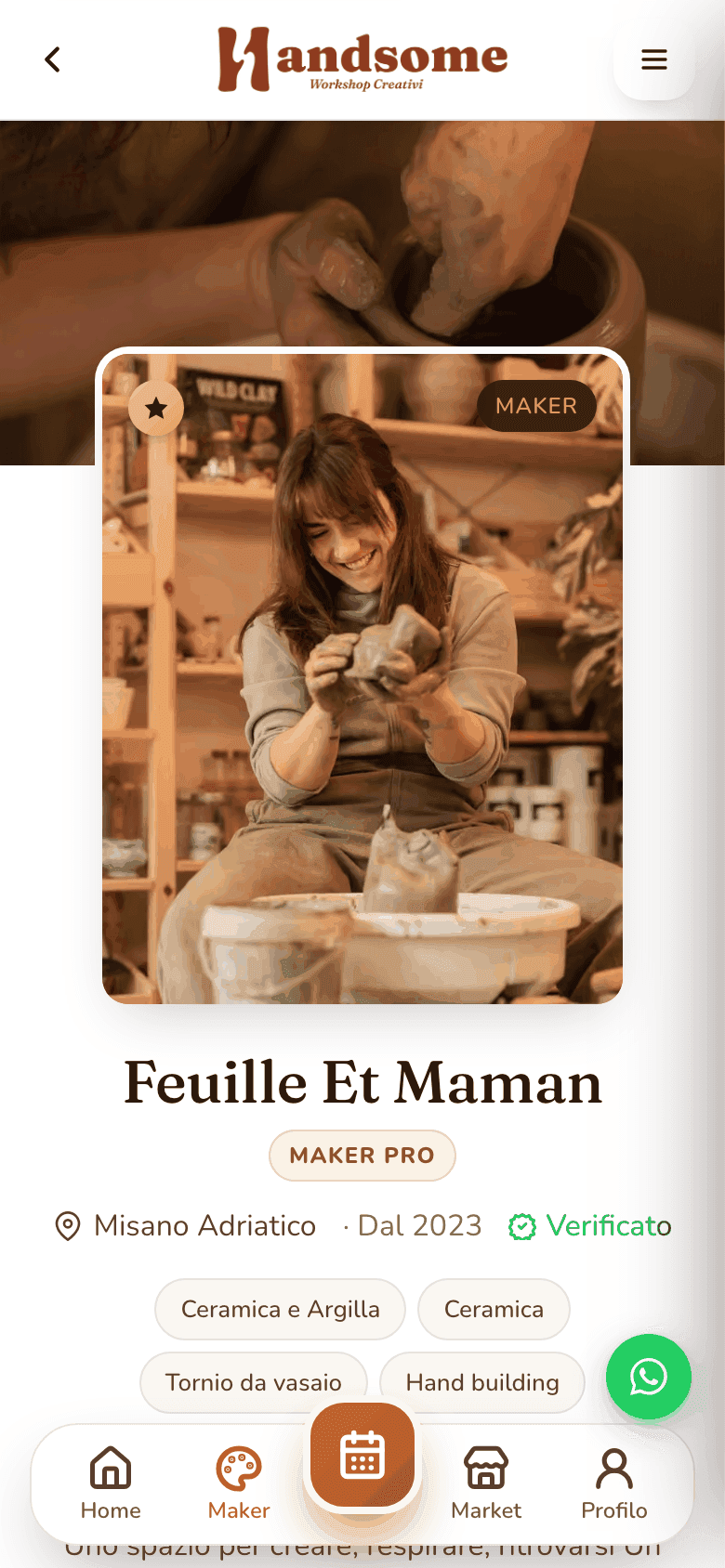 Screenshot del profilo pubblico di Feuille Et Maman su Handsome: foto al tornio, badge Maker Pro, città e discipline