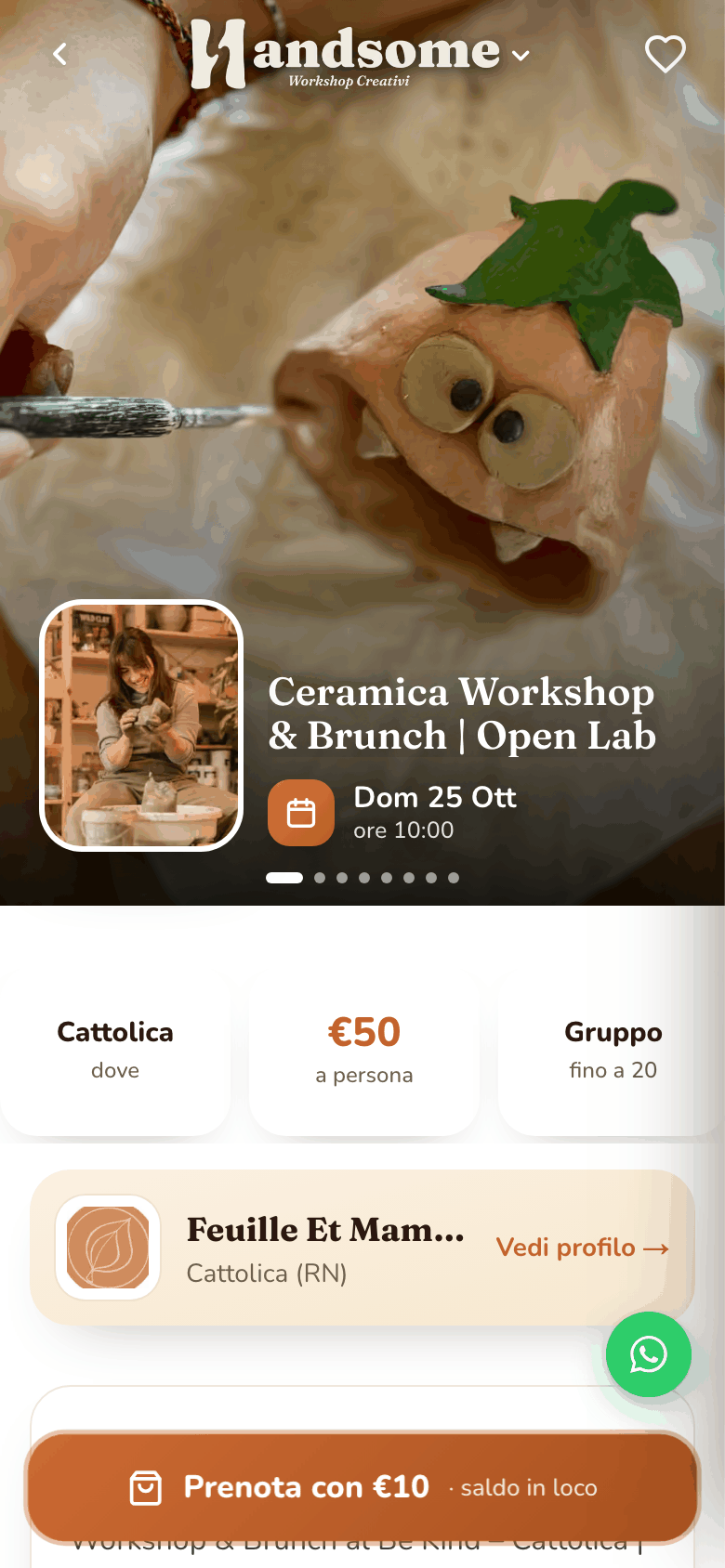 Screenshot della pagina Ceramica Workshop & Brunch | Open Lab su Handsome: foto, data e ora, prezzo a persona e bottone Prenota con caparra