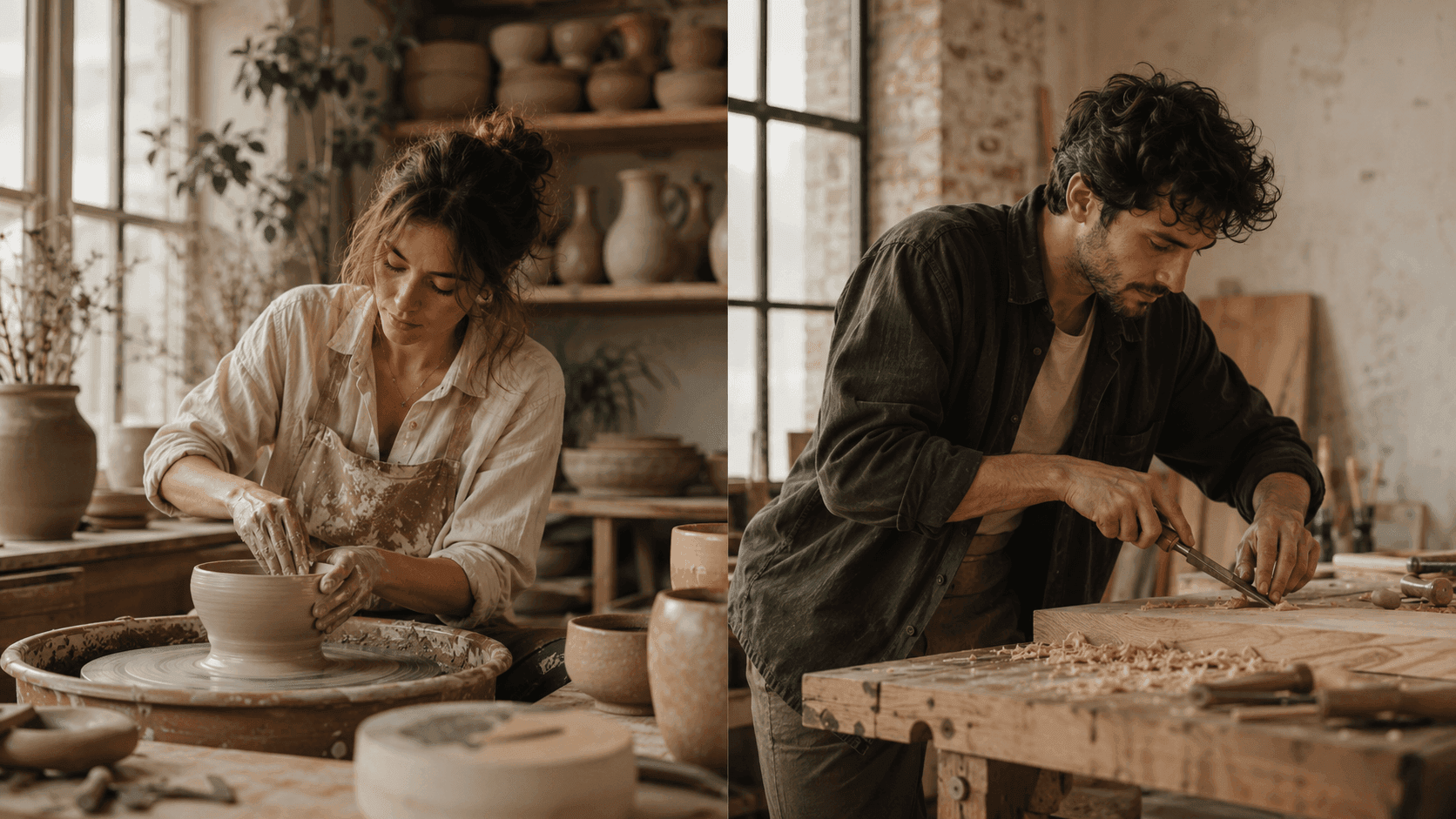 Maker al lavoro: ceramica al tornio e intaglio del legno