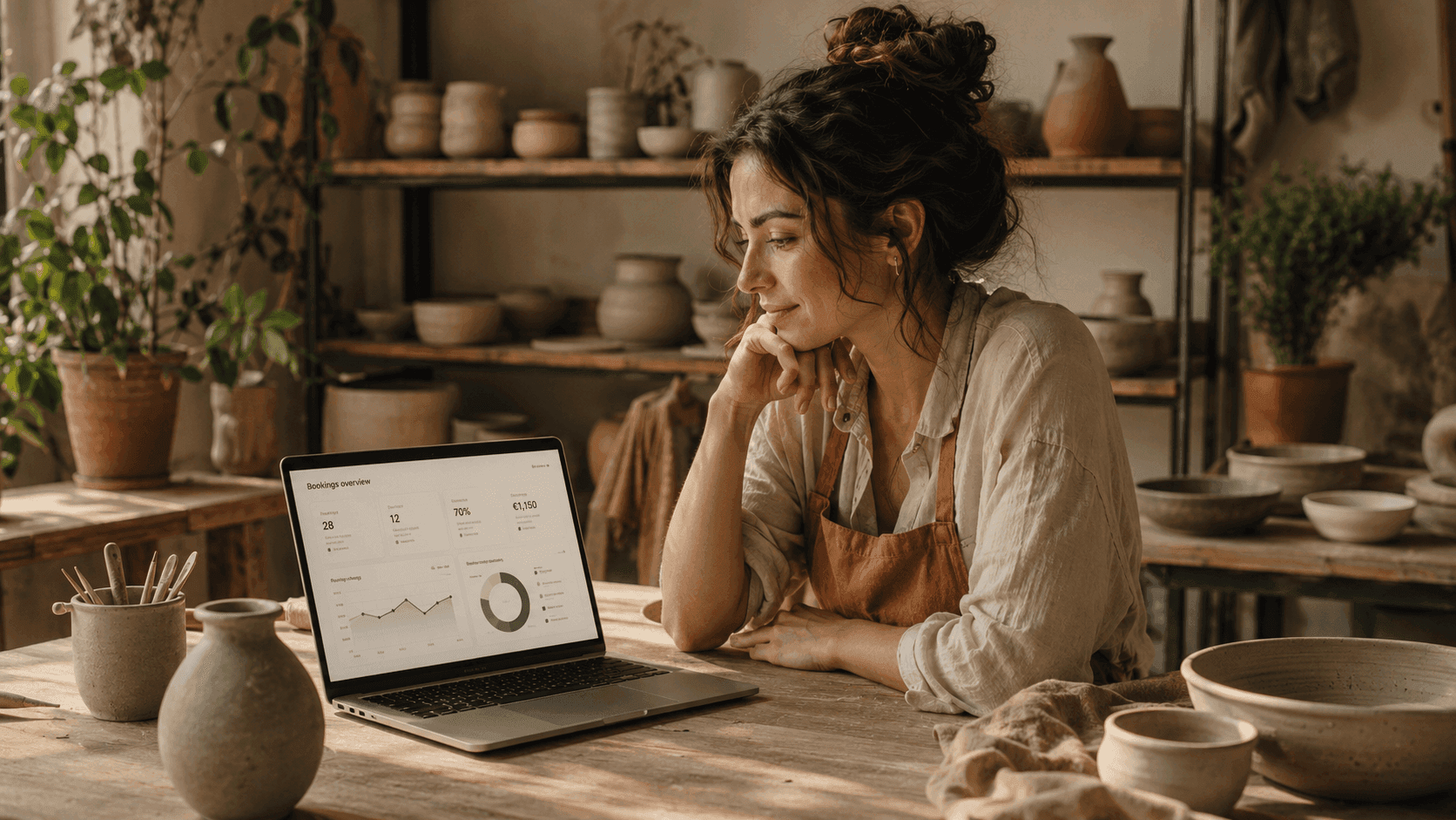 Un'artigiana controlla la dashboard delle prenotazioni dal suo laboratorio