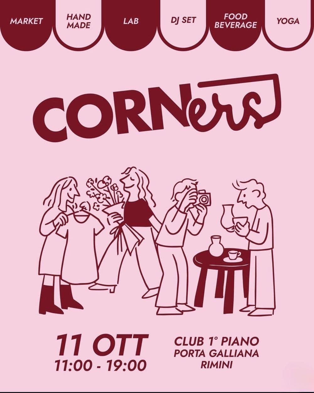 CORNers Market poster, 11 October, 11:00-19:00, Club 1° Piano, Porta Galliana, Rimini: market, handmade, lab, DJ set, food & beverage, yoga