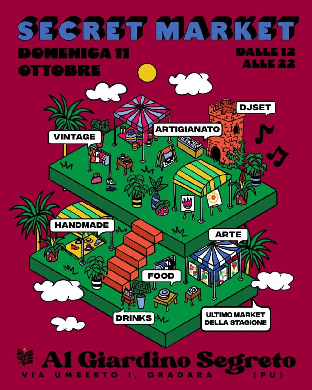 Secret Market poster, Sunday 11 October from 12 to 22, Al Giardino Segreto, Via Umberto I, Gradara: vintage, craft, handmade, art, food, drinks, DJ set, last market of the season